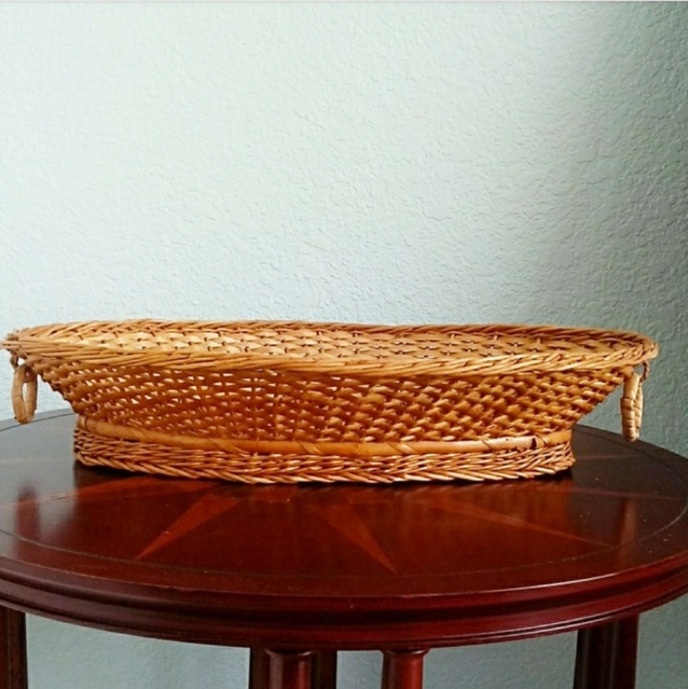 Boho Woven Wicker Oblong Tray with Round Ha